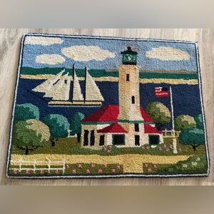 Vintage Americana Wool Hooked Rug Lighthouse Flag Sailboat 26-1/2 x 20